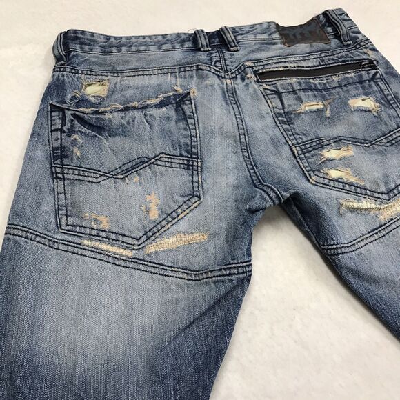 RIVET DE CRU Jayden Jean Men 34x32 Destroyed Distressed Rip Repair Denim Blue - Picture 9 of 16